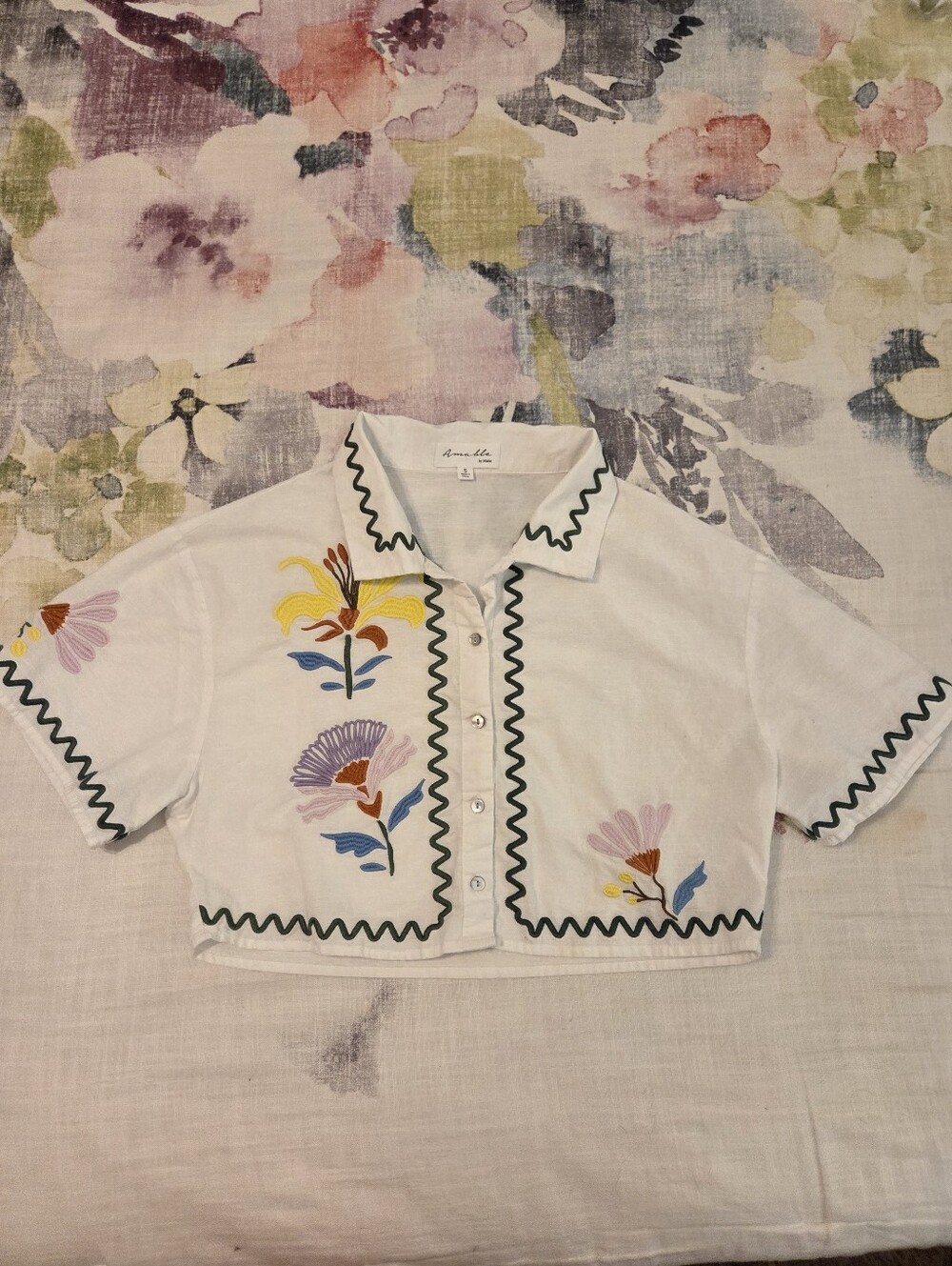 AMABLE By Mable White Linen Blend Multi Floral Embroidered Rickrack Crop Top S - Picture 7 of 12